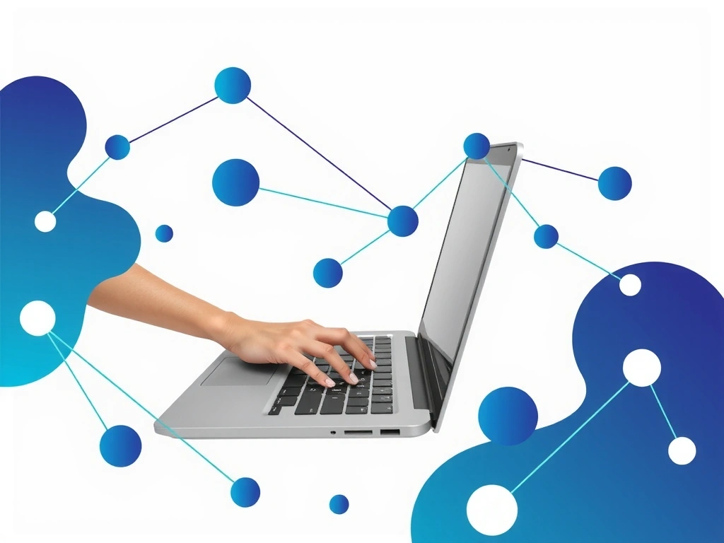 Ilustracja przedstawiająca osobę piszącą wiadomość na laptopie, z elementami graficznymi symbolizującymi komunikację i sieć.