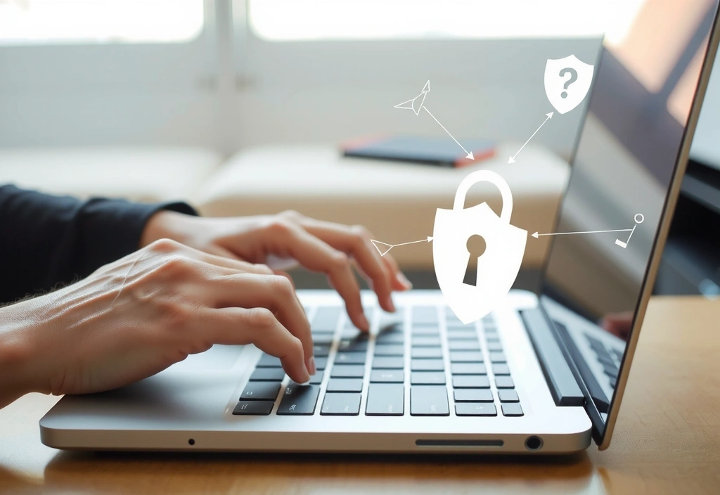 Osoba korzystająca z laptopa z ikonami bezpieczeństwa