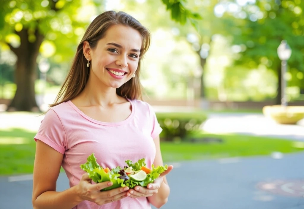 Osoba ciesząca się zdrowym jedzeniem i aktywnością fizyczną